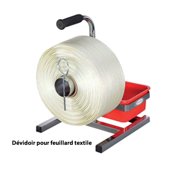 Dévidoir pour bobines feuillard textile avec bac